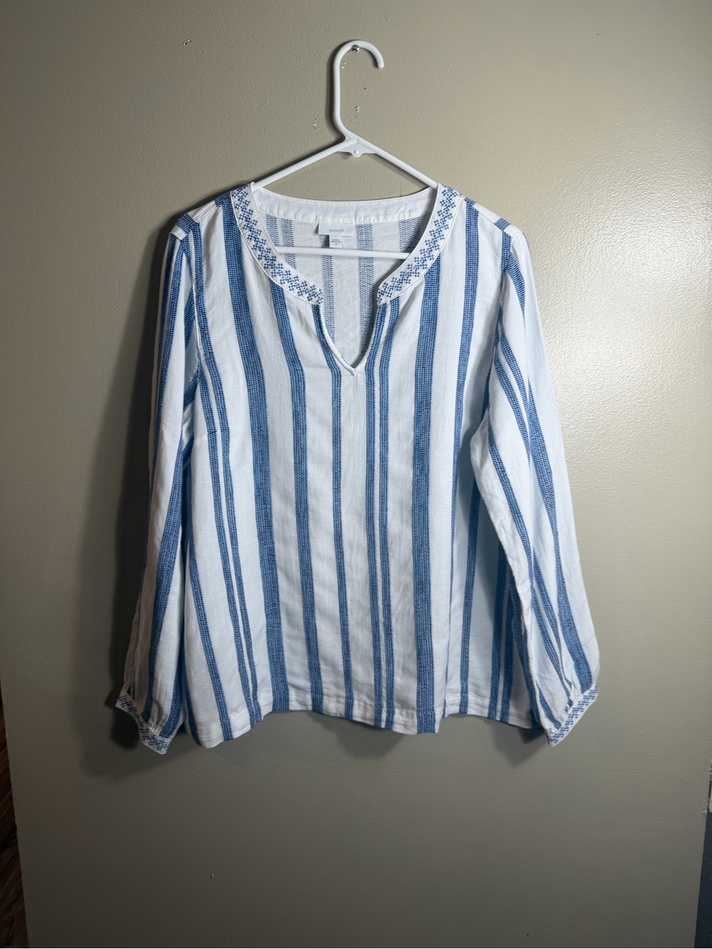 Pure Jill Blue White Striped Embroidered Cotton Peasant Blouse Sz M Coastal